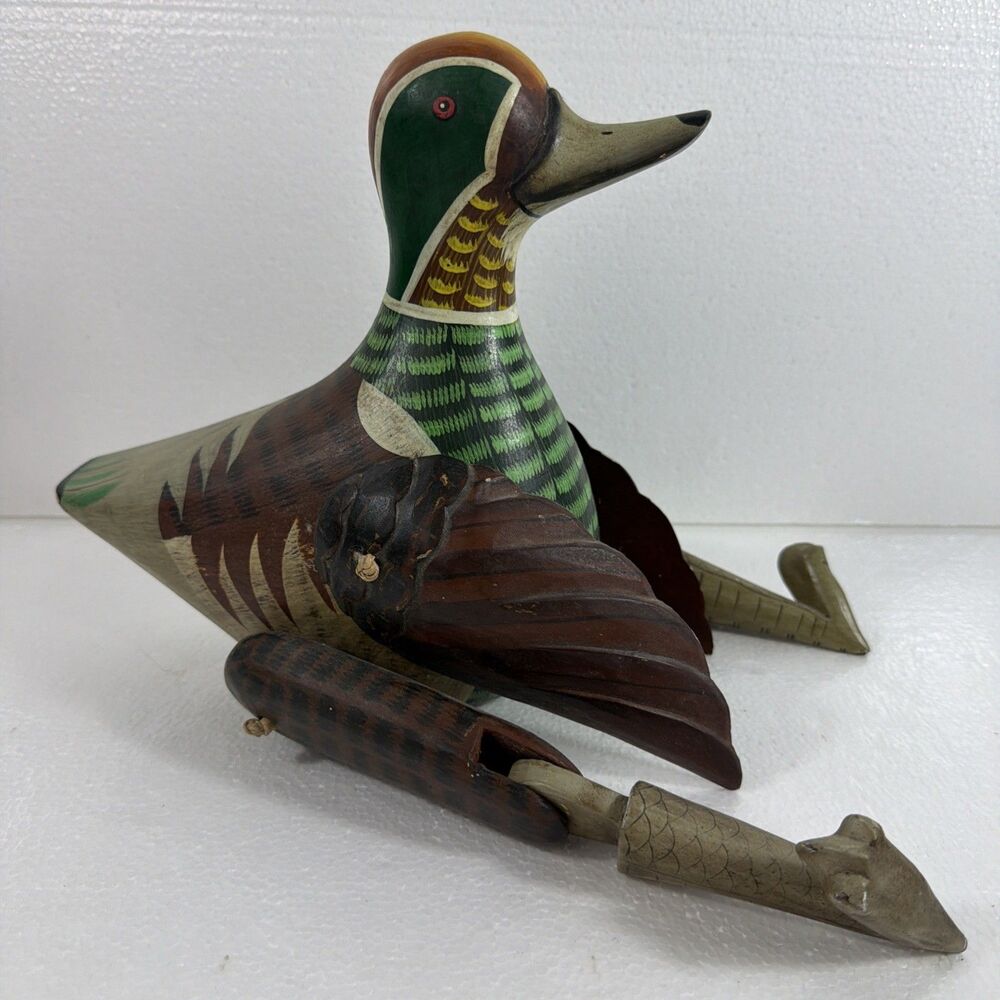 Vintage Wooden Duck Shelf Sitter Hand Painted Folk Art Articulated Cabin Lodge